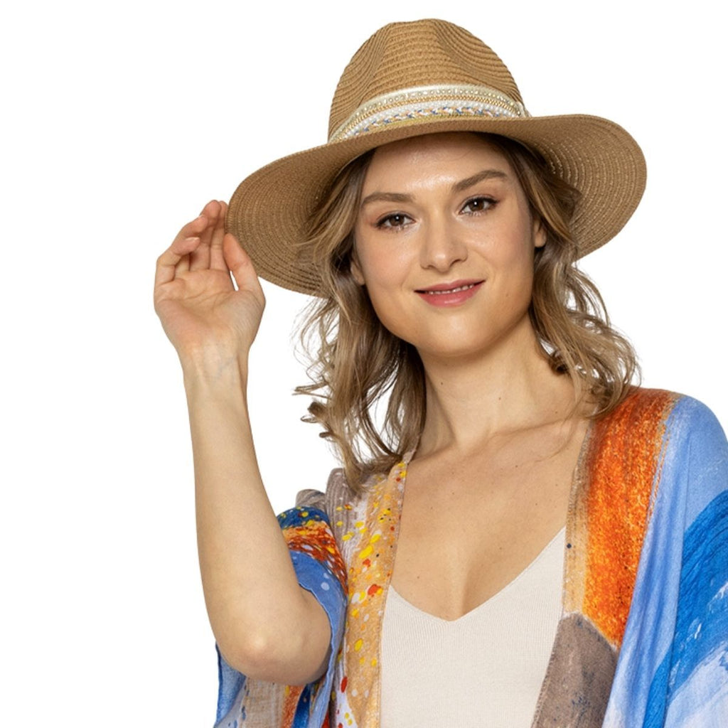 Camel Pearl Embellished Fedora Panama Hat