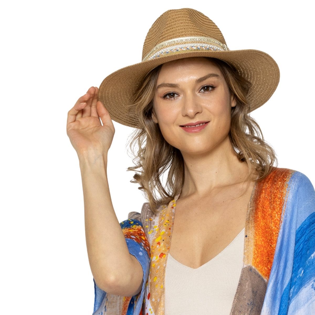 Camel Pearl Embellished Fedora Panama Hat