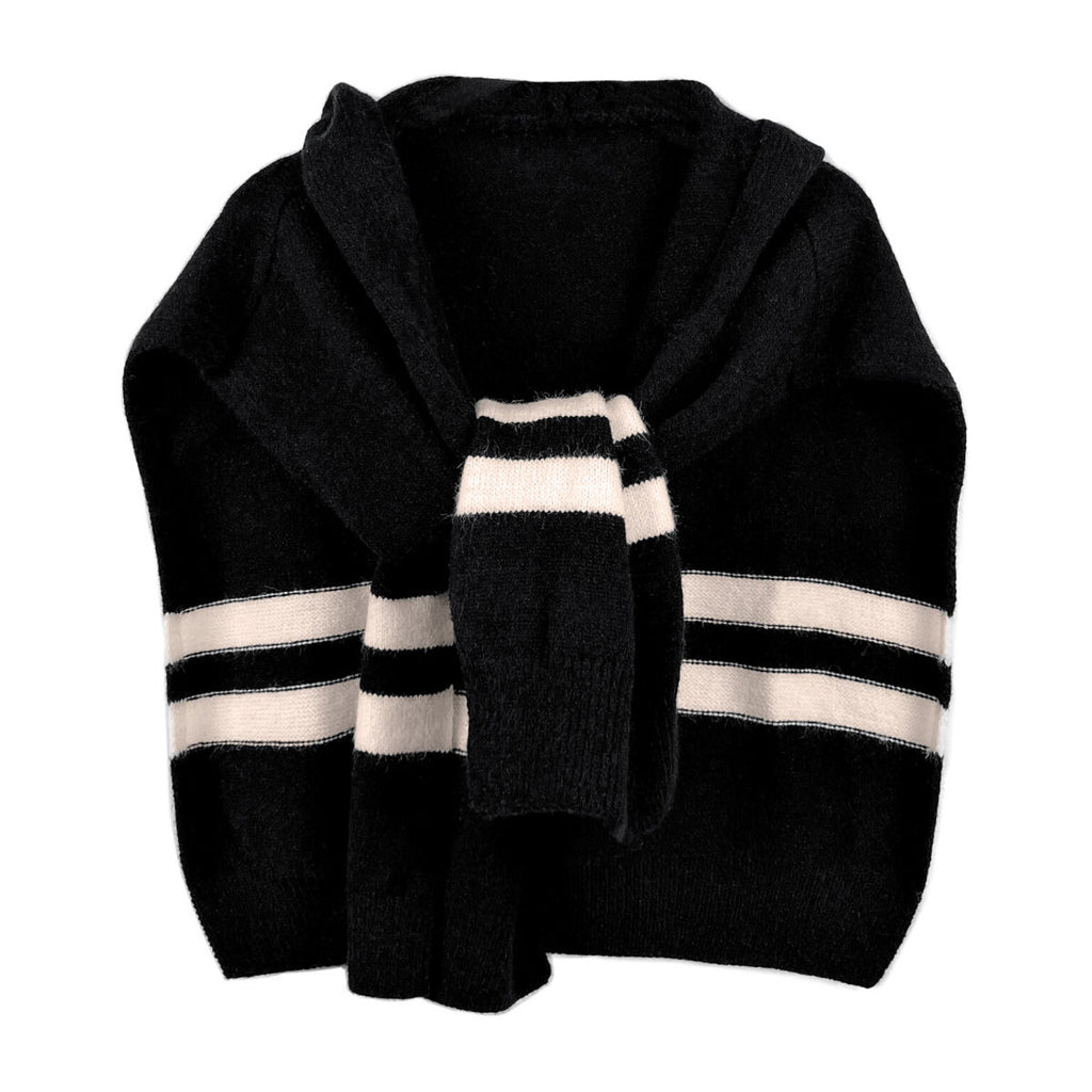 Black Hooded Knit Tied Shoulder Sweater