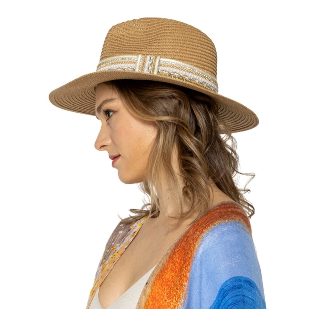 Camel Pearl Embellished Fedora Panama Hat
