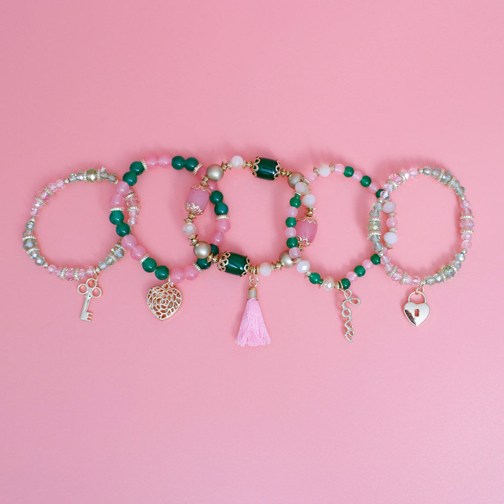 Pink Green Glass Love AKA Bracelets|Stretch to Fit