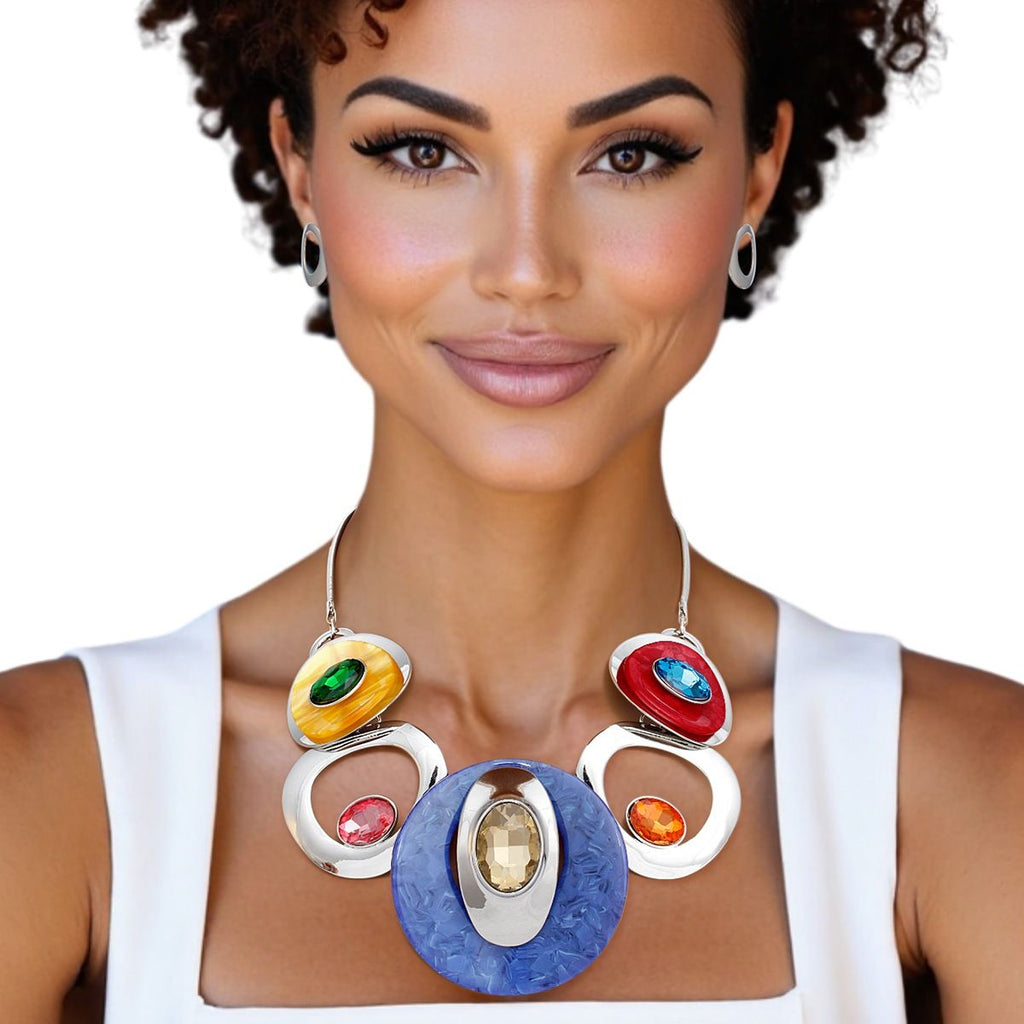 Multi-Color Swirled Silver Bib Necklace