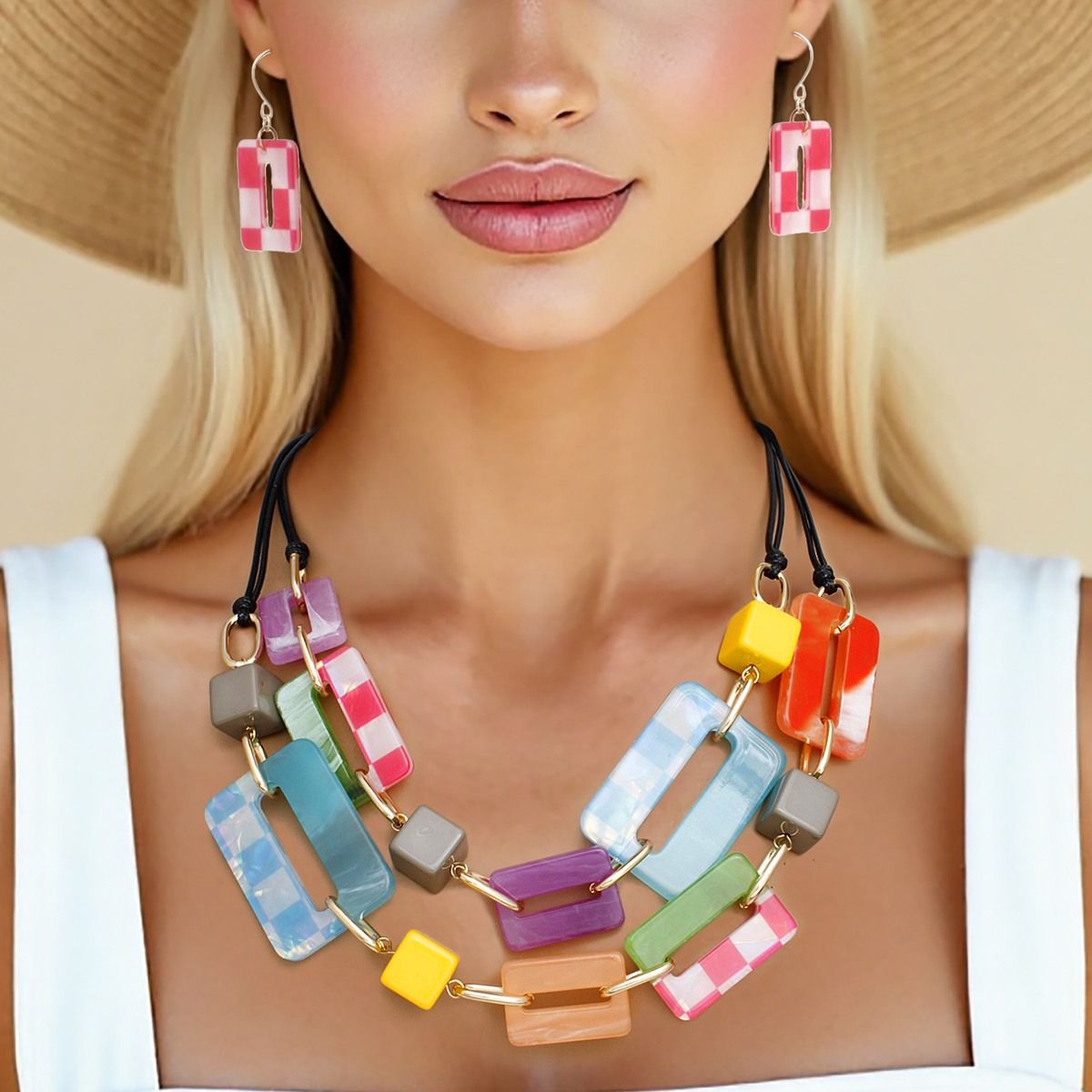 Collar Checkered Rectangle Link Layer Necklace