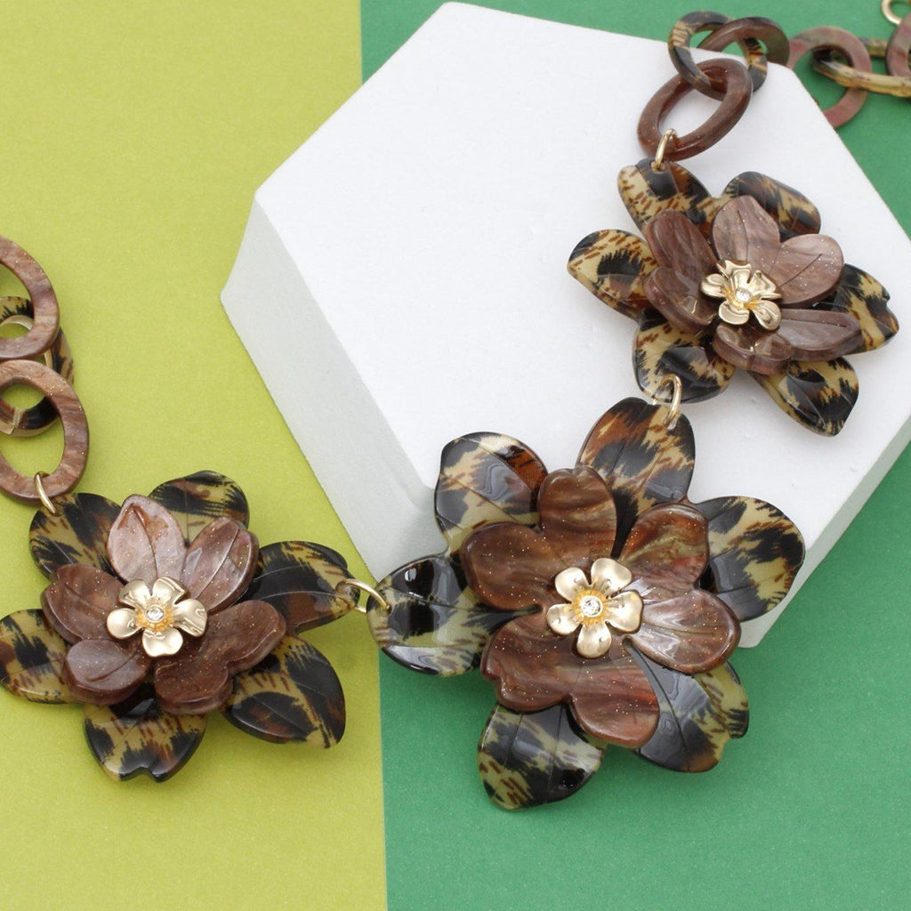Collar Marbled Leopard Links 3D Flower Necklace