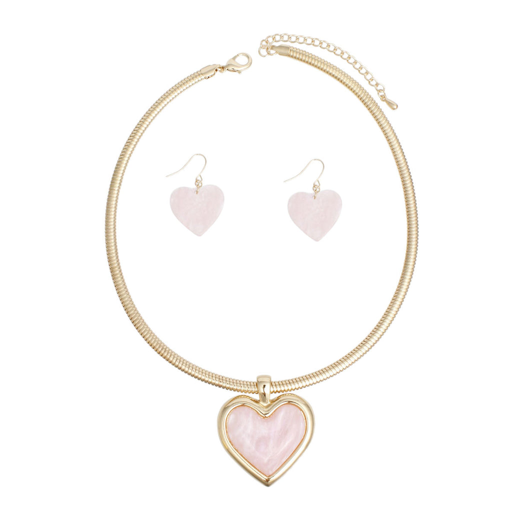 Pendant Gold Omega Chain Pink Heart Set for Women