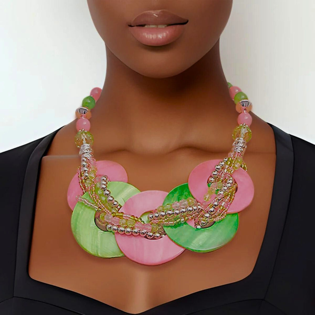 Pink and Green AKA Beaded Disc Necklace Set