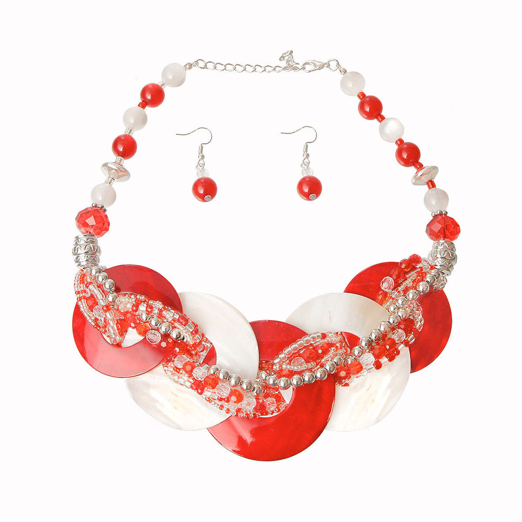 Red and White DST Beaded Disc Necklace Set