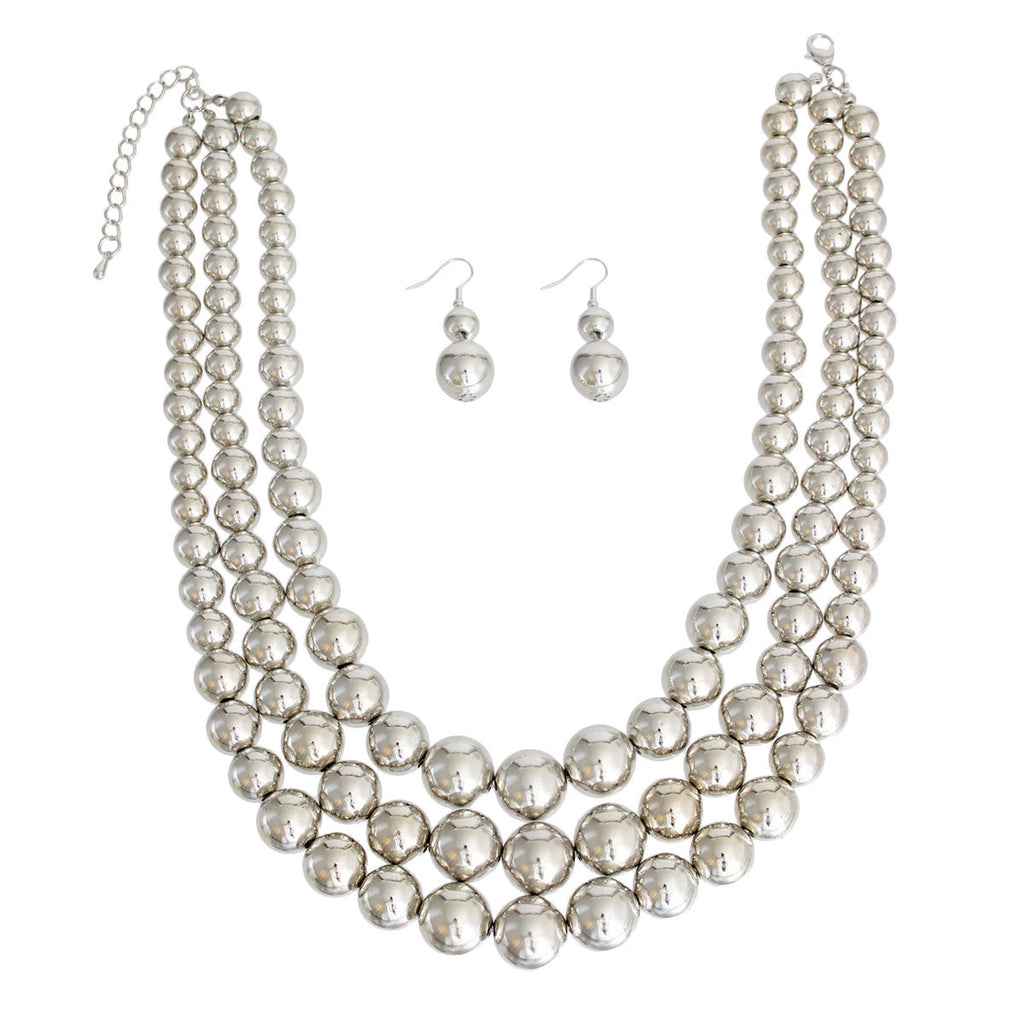 Silver Metallic Pearl Bead 3 Layer Necklace