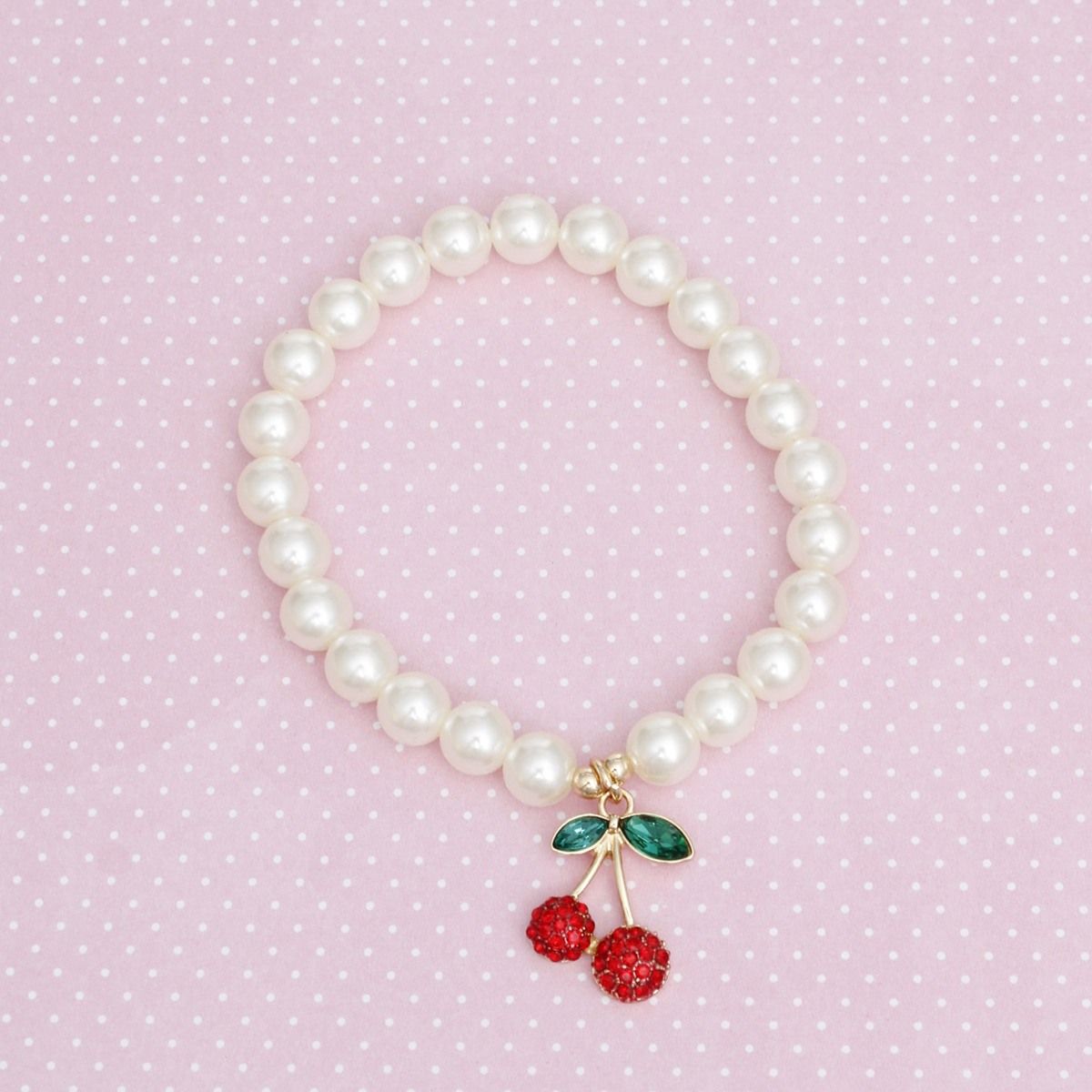 Bracelet Cream Pearl Cherry Red Rhinestone Charm