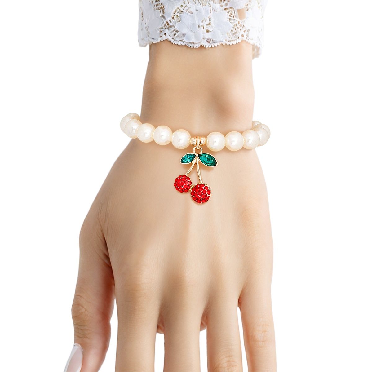 Bracelet Cream Pearl Cherry Red Rhinestone Charm
