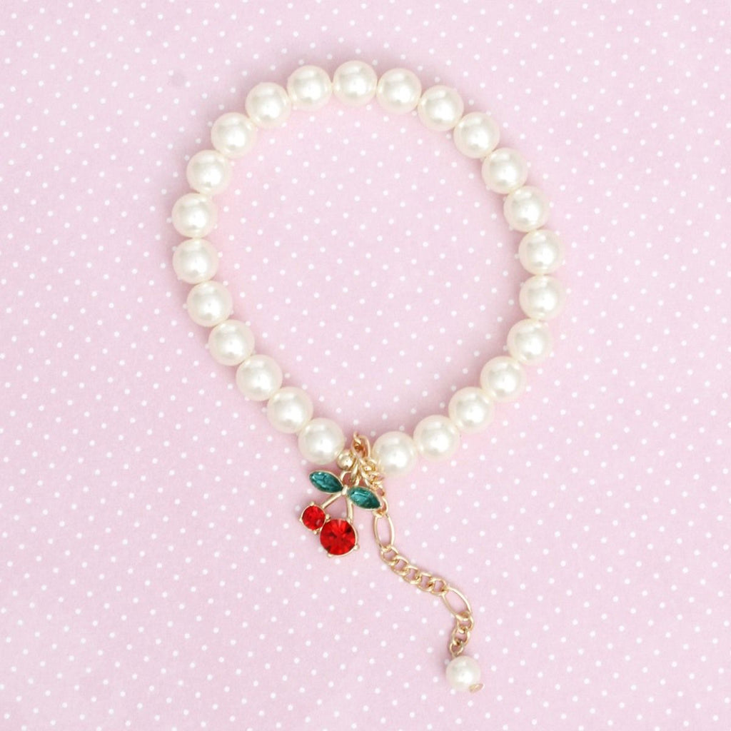 Bracelet Cream Pearl Cherry Red Chain Charm Women