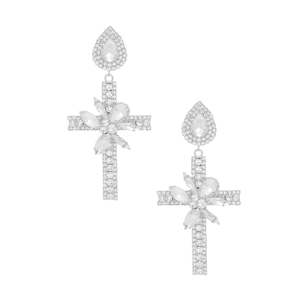 Drop Long Formal Silver Crystal Cross Earrings