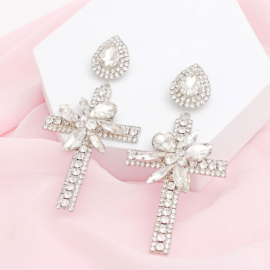 Drop Long Formal Silver Crystal Cross Earrings