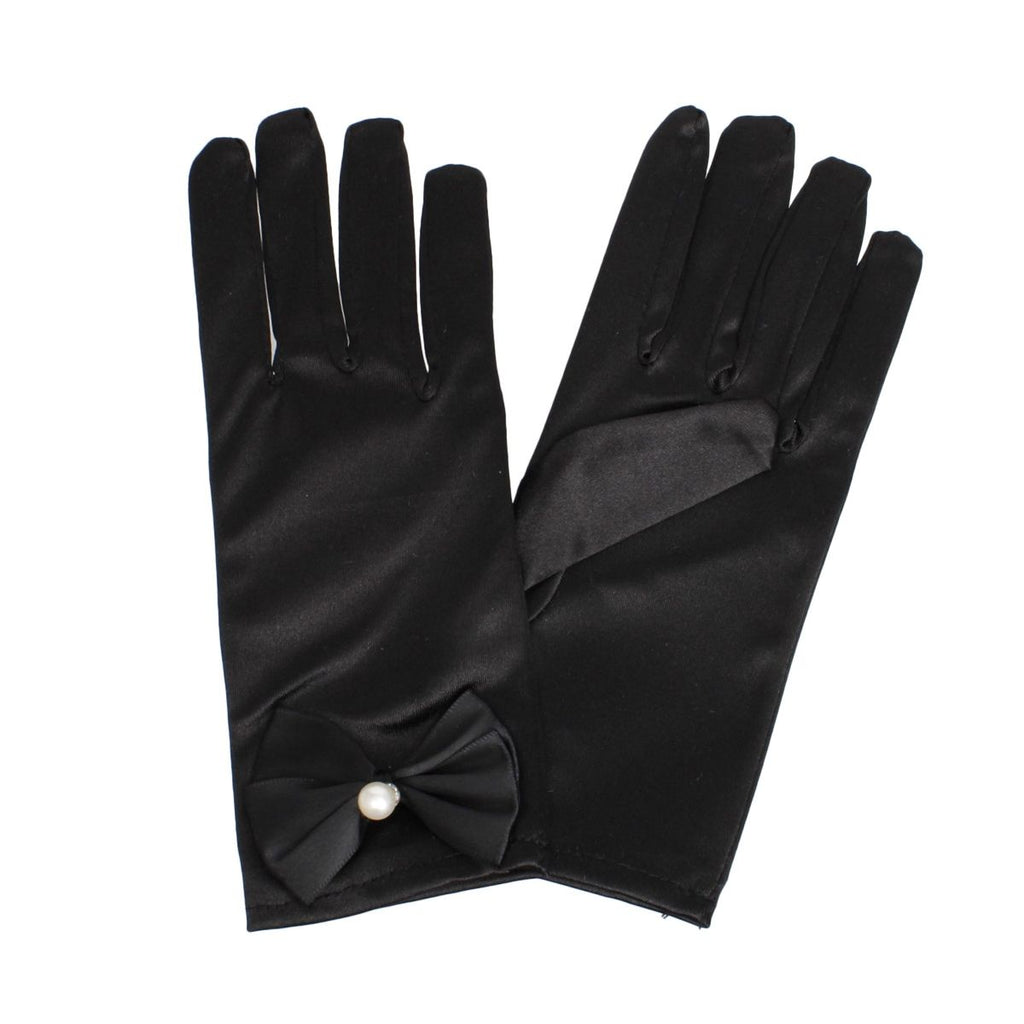 Black Satin Bow and Pearl Formal Gloves for Women