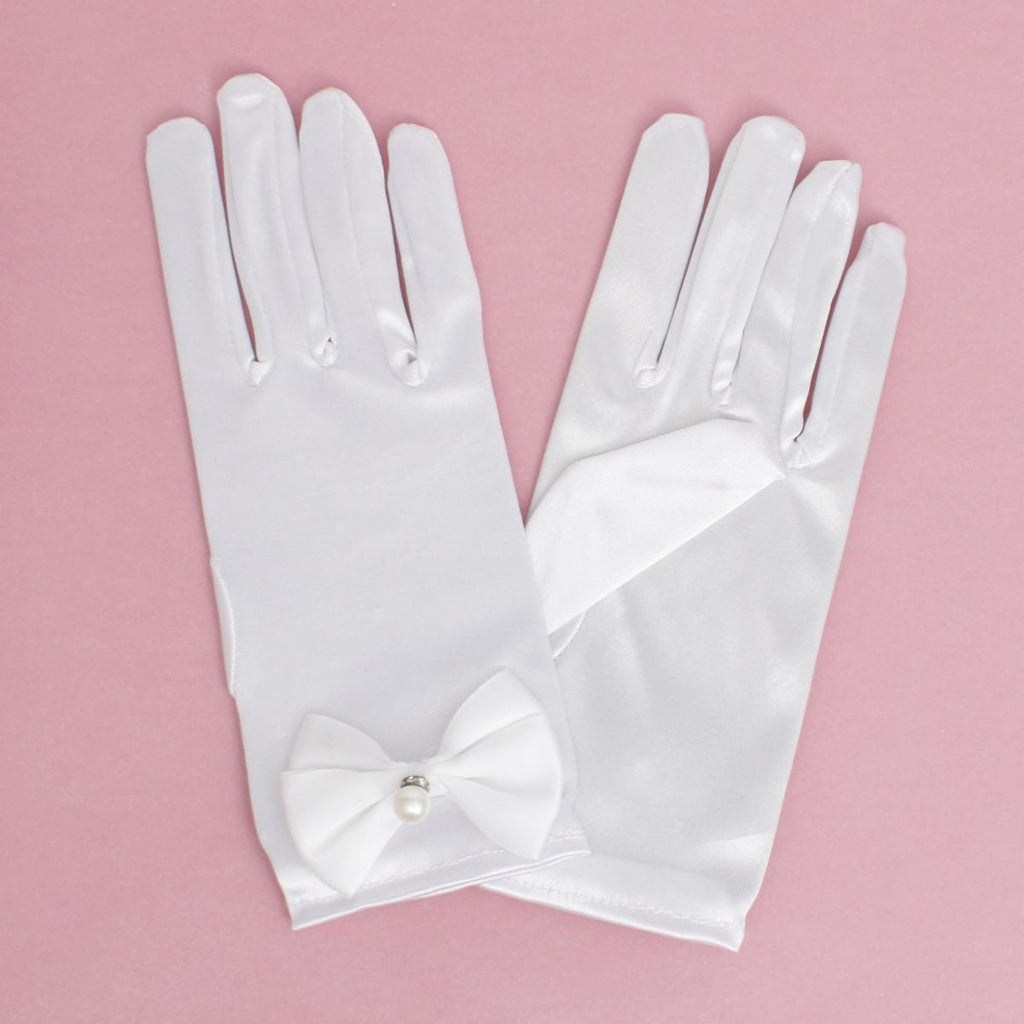 White Satin Bow and Pearl Formal Gloves for Women