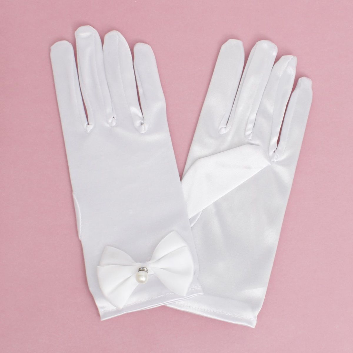 White Satin Bow and Pearl Formal Gloves for Women