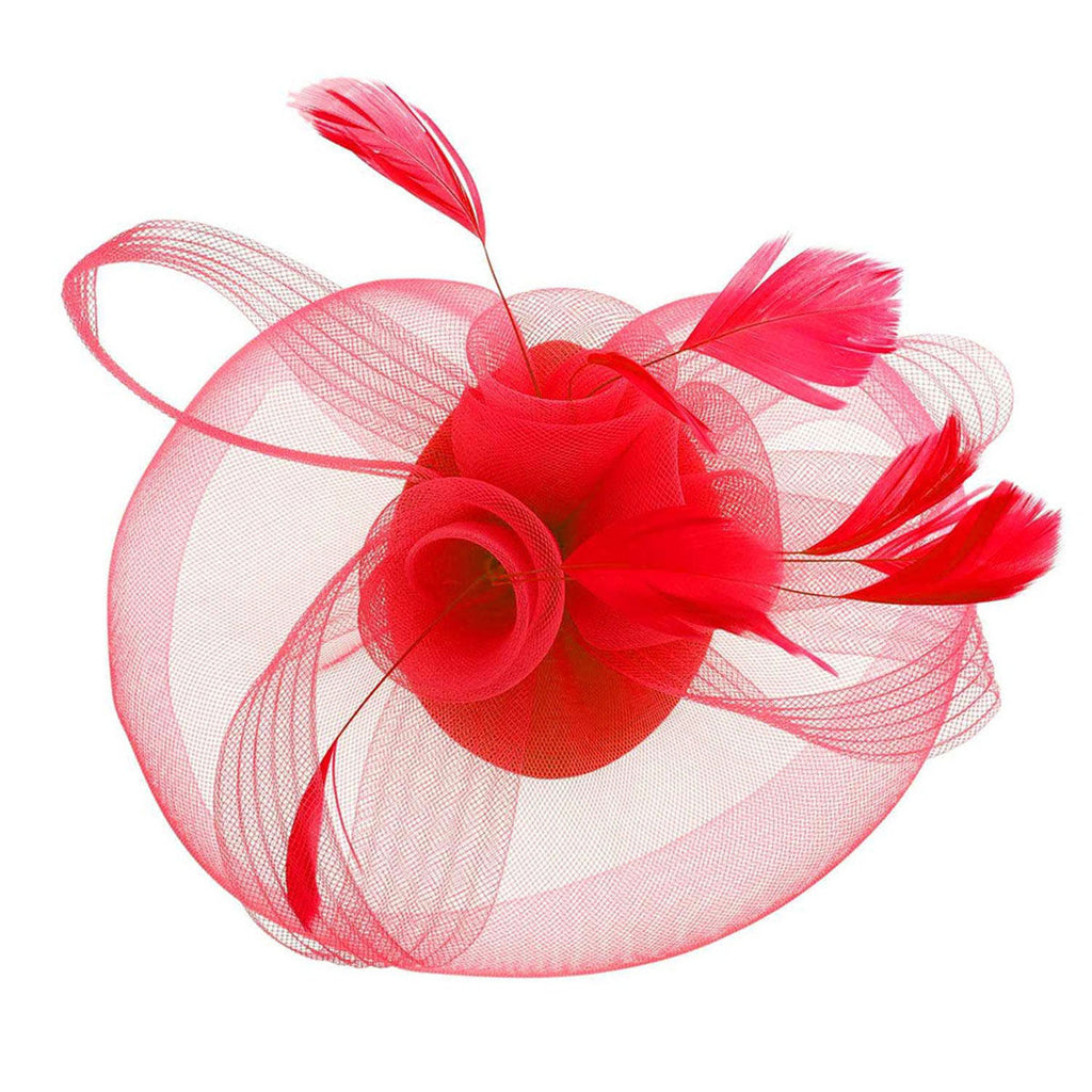 DST Red Flowers Derby Tilt Feather Fascinator