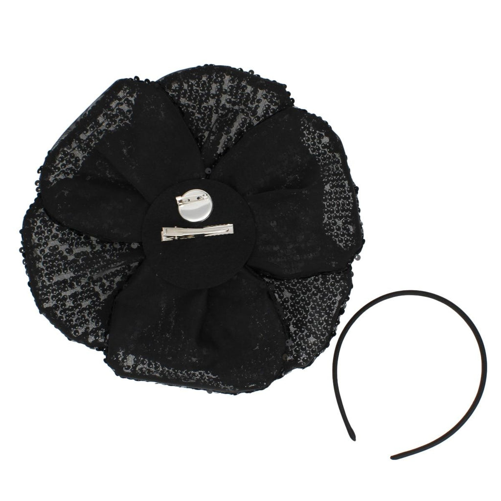 XL Flower Black Sequin Hair Clip Headband Brooch