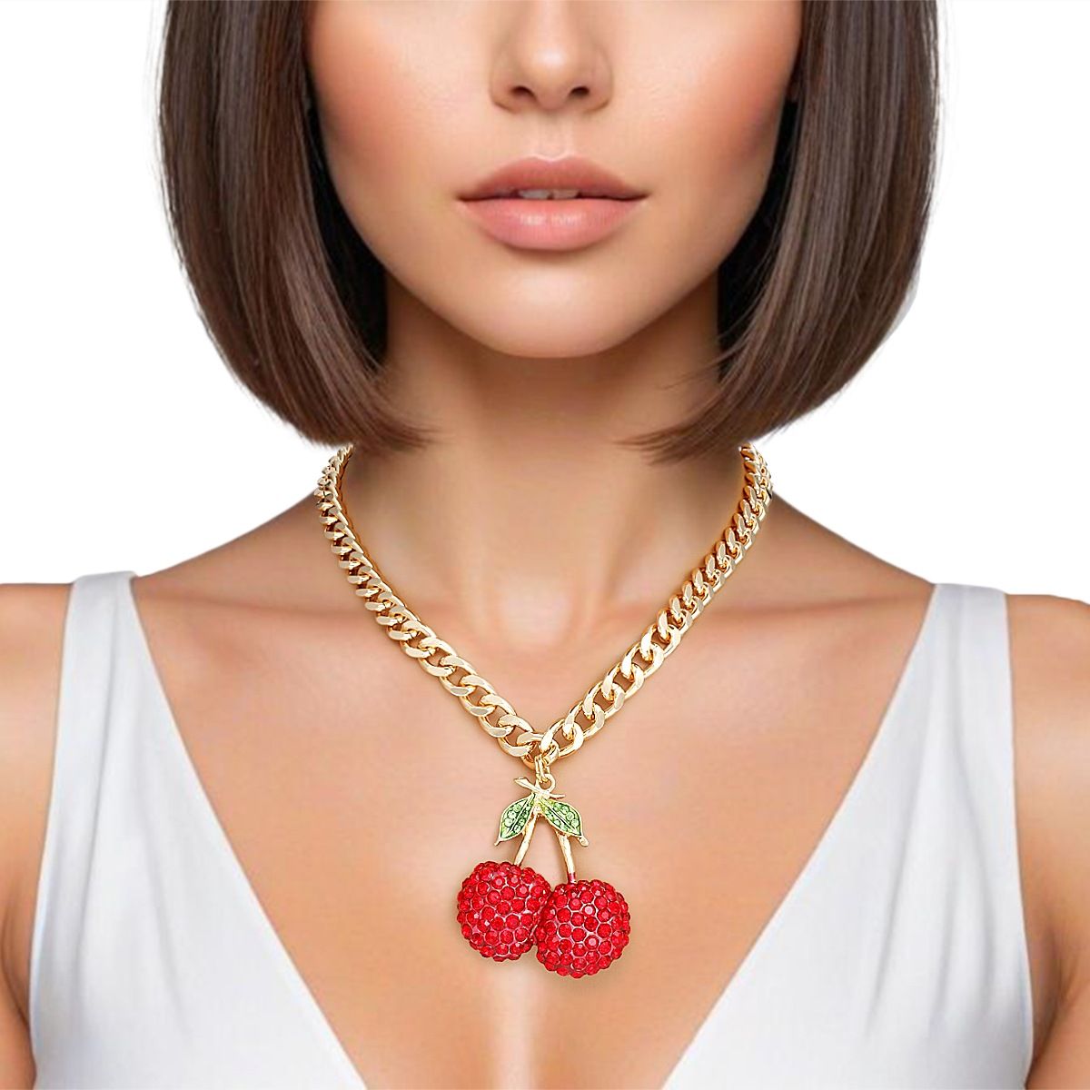 Pendant Cherry Red Gold Chunky Chain Necklace