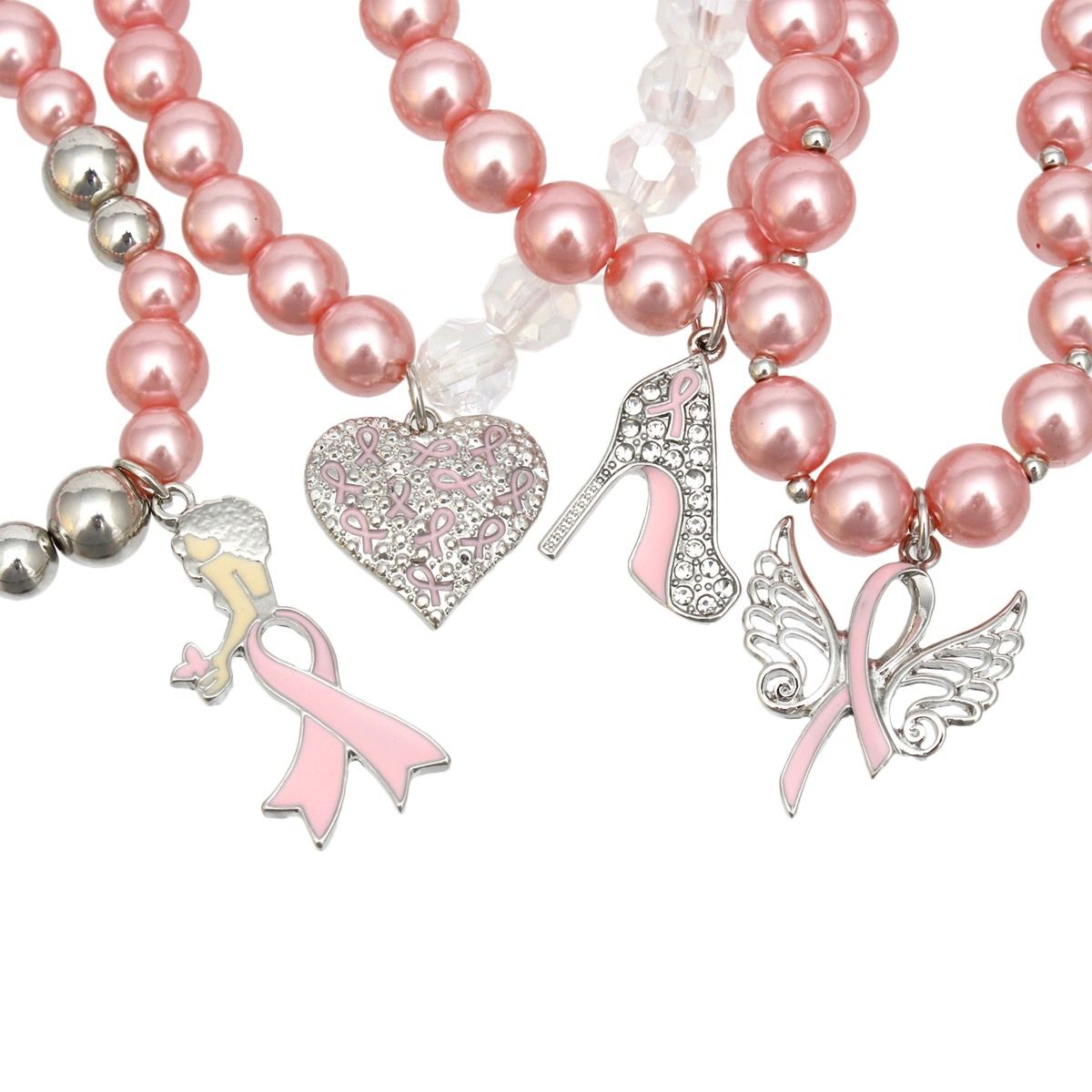Breast Cancer Light Pink Pearl Angel 4 Pc Bracelets