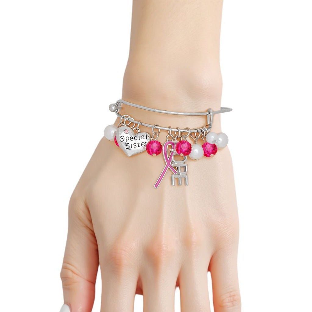 Breast Cancer Silver Wire Pink Charm Bangle