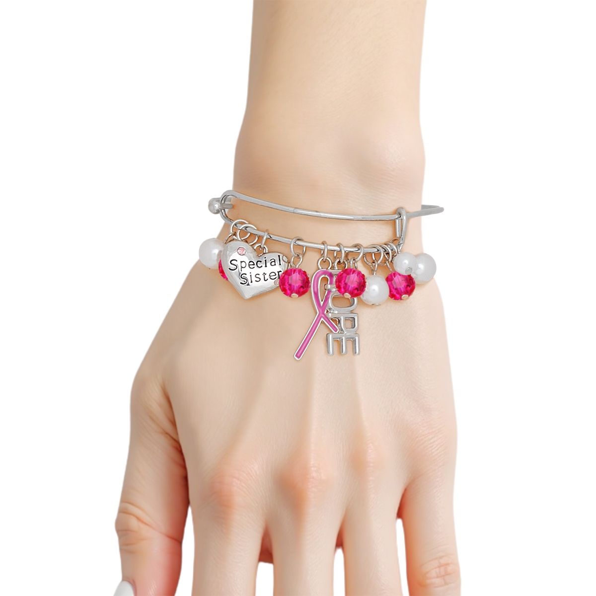 Breast Cancer Silver Wire Pink Charm Bangle