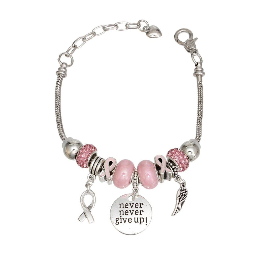 Breast Cancer Silver Never Give Up Charm Bracelet