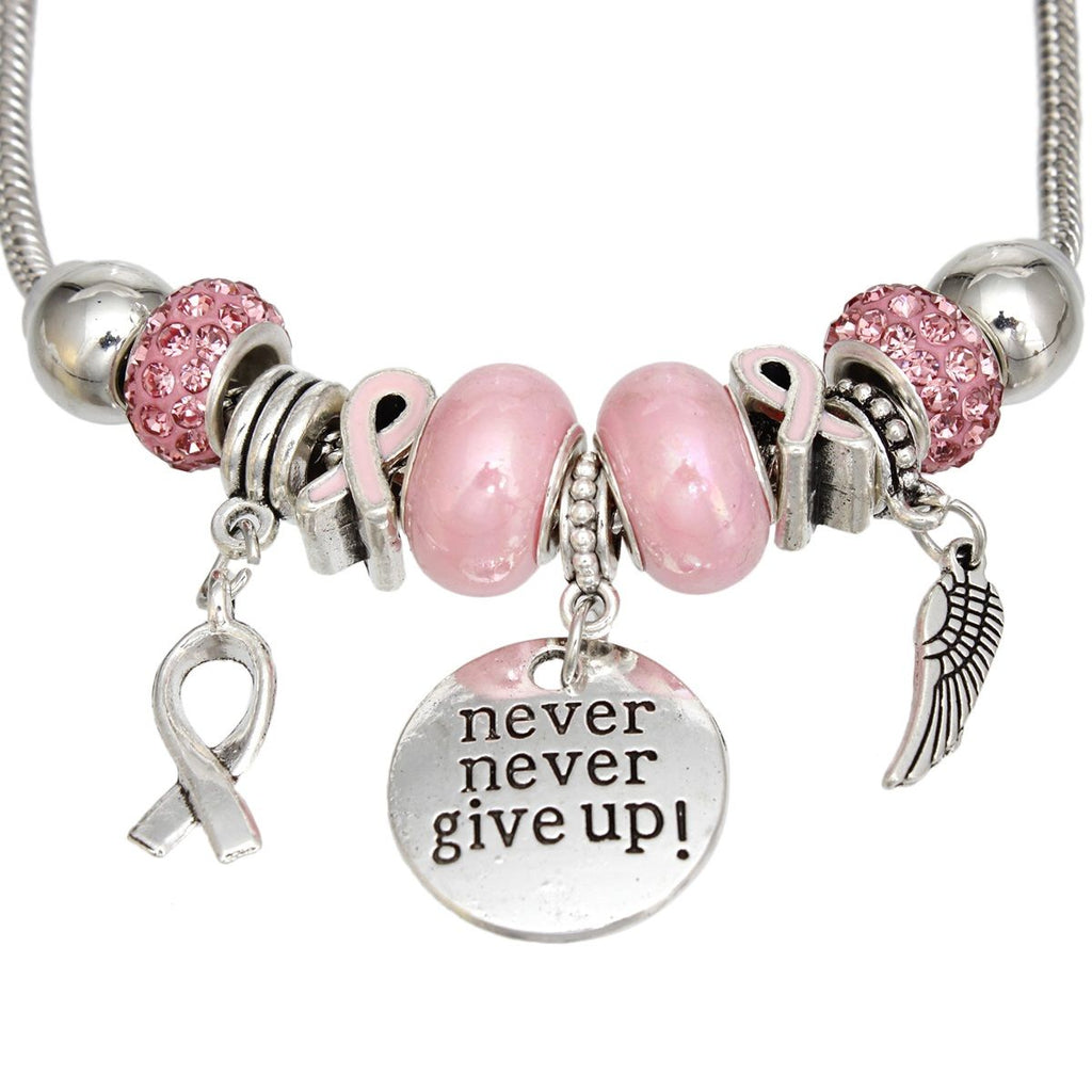 Breast Cancer Silver Never Give Up Charm Bracelet