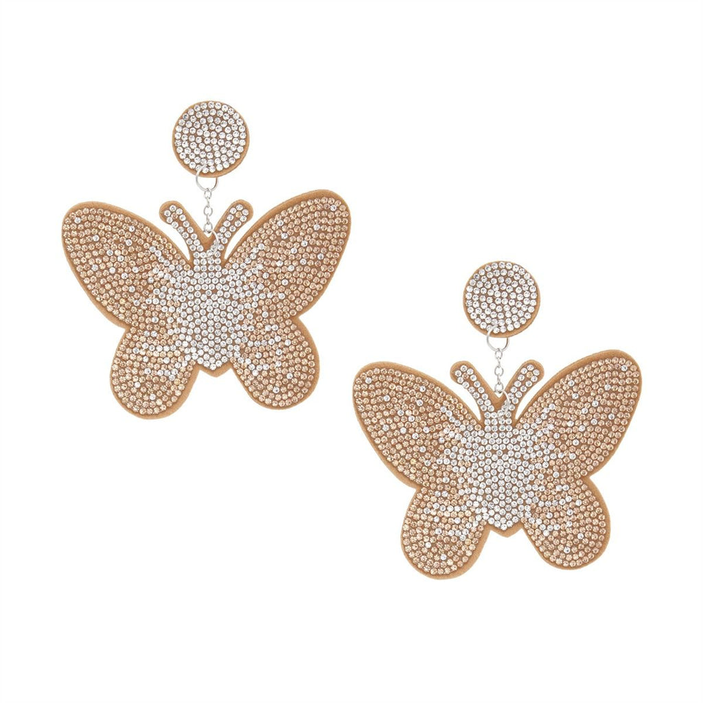 Drop Brown Butterfly Rhinestone Fabric Earrings