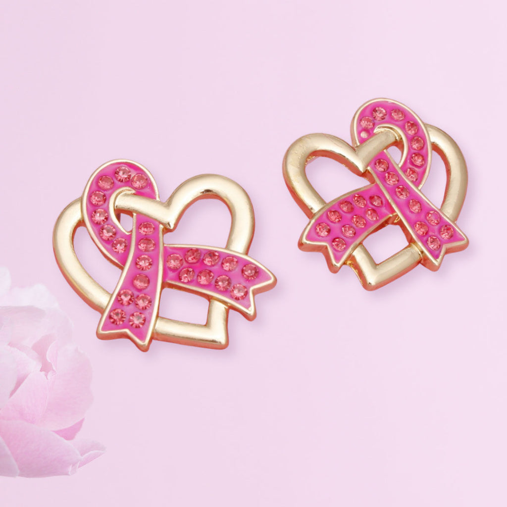 Breast Cancer Gold Pink Ribbon Loop Stud Earrings