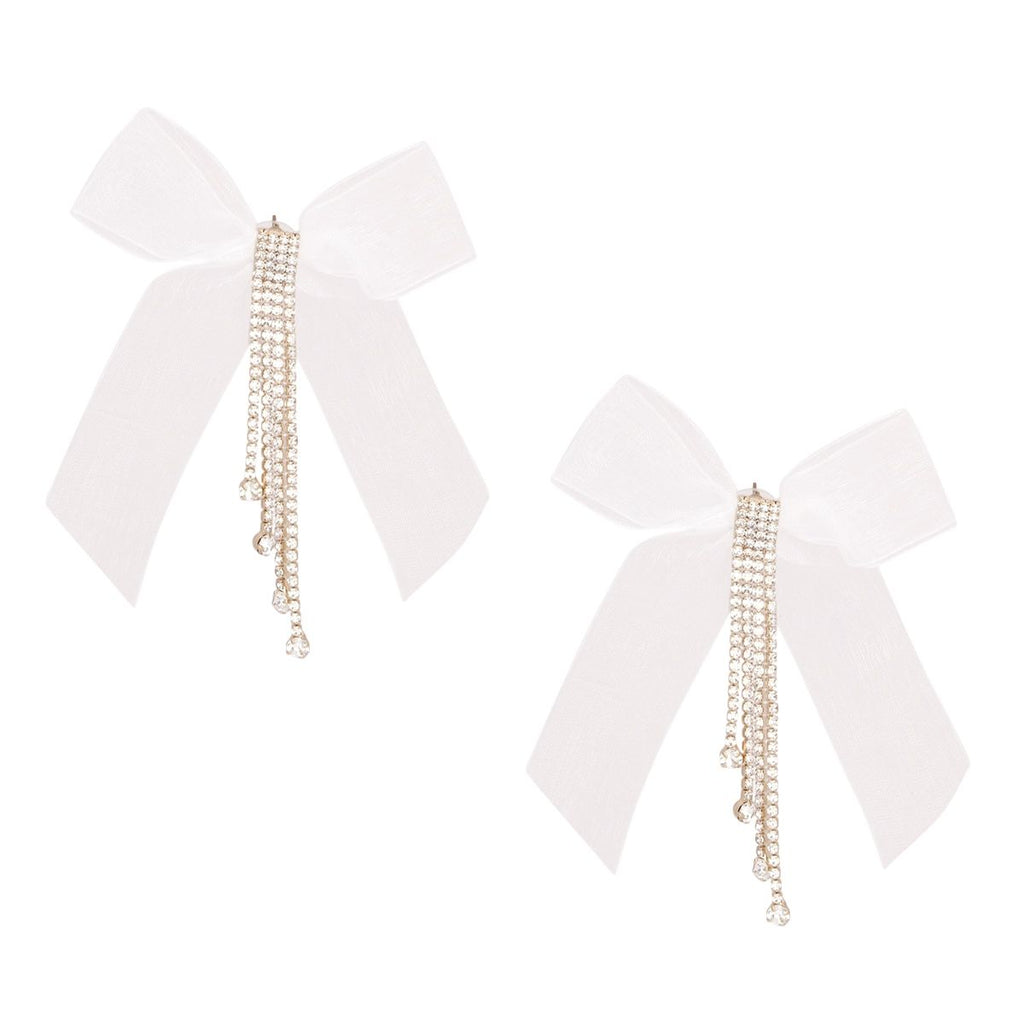 Tassel White Ribbon Bow Sparkling Fringe Earrings