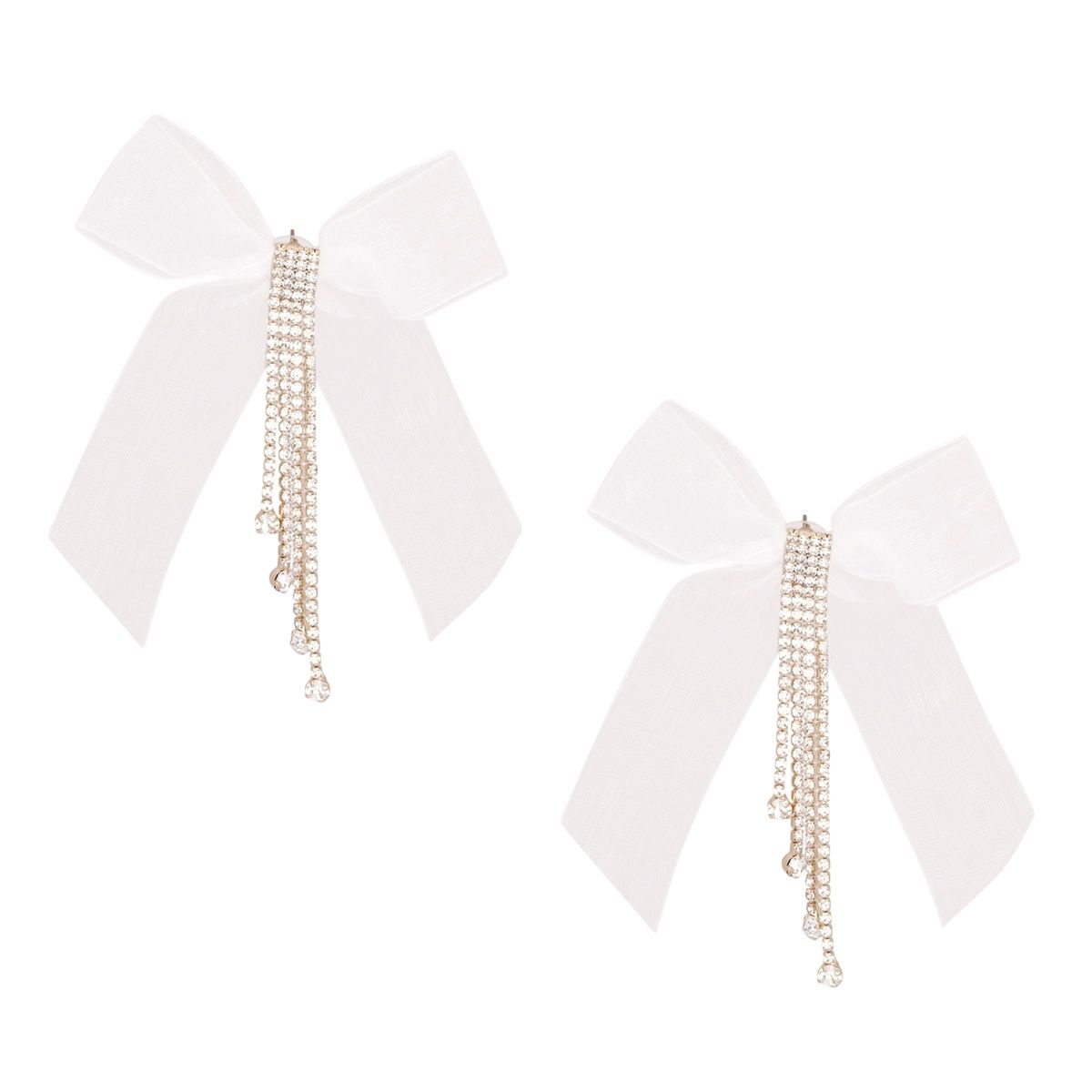 Tassel White Ribbon Bow Sparkling Fringe Earrings