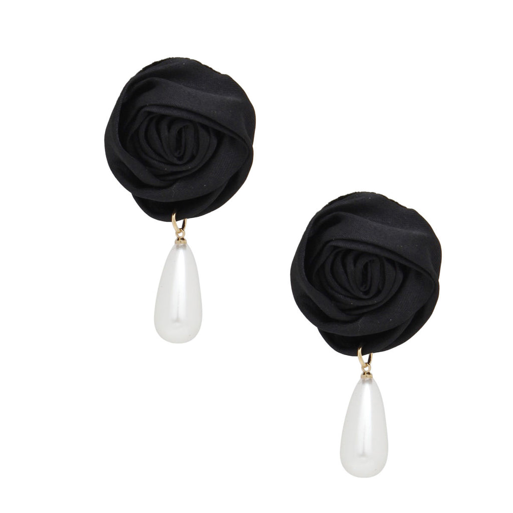 Stud Black Rose White Pearl Teardrop Earrings