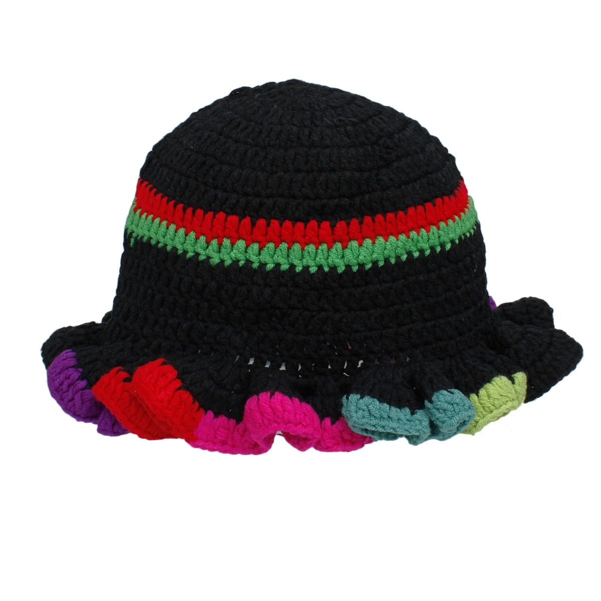 Black Crochet Multicolor Ruffle Bucket Hat Women