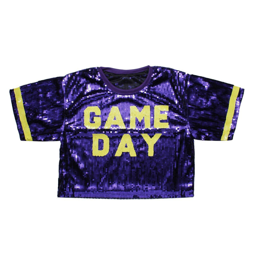 Jersey Purple Yellow Sequin GAME DAY Crop Top