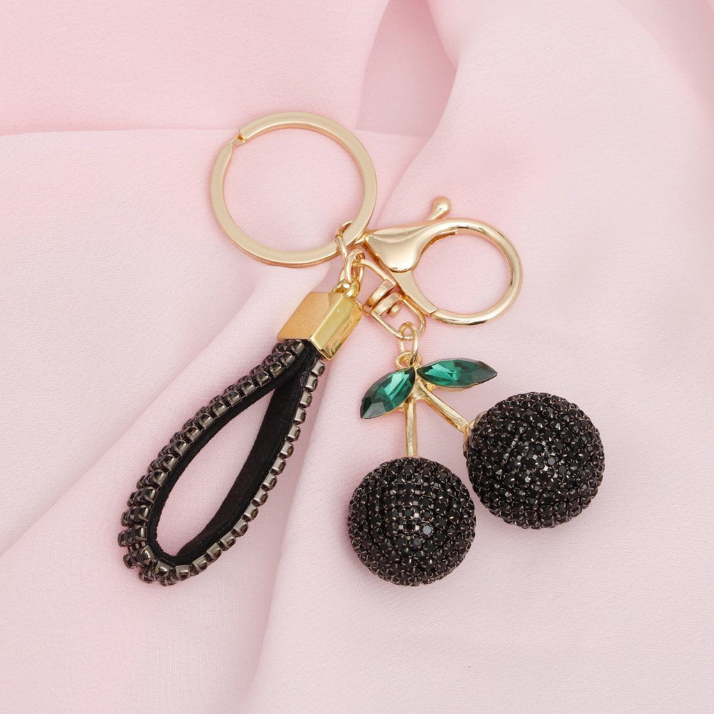 Keychain Black Rhinestone Crusted Cherry Bag clip