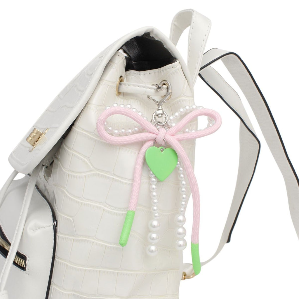 AKA White Pearl and Pink Cord Bows Heart Bag Clip