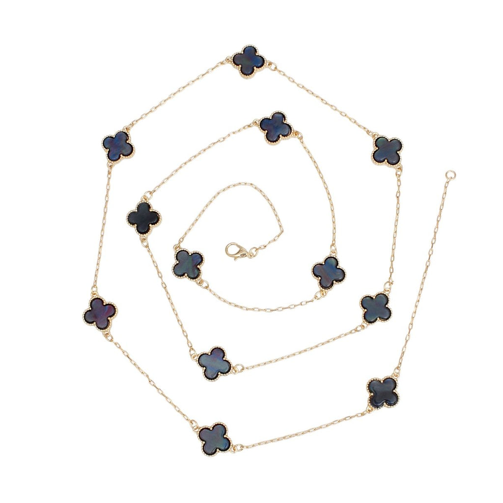 Long Necklace Gray Black Quatrefoil 12 Motifs