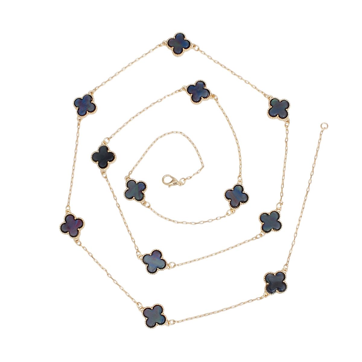 Long Necklace Gray Black Quatrefoil 12 Motifs