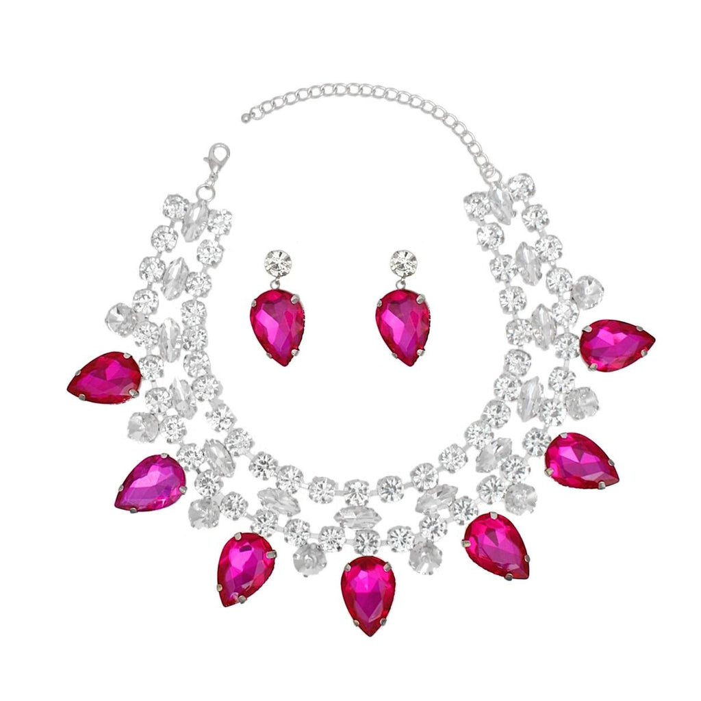 Formal Brilliant Fuchsia Teardrop Crystal Necklace