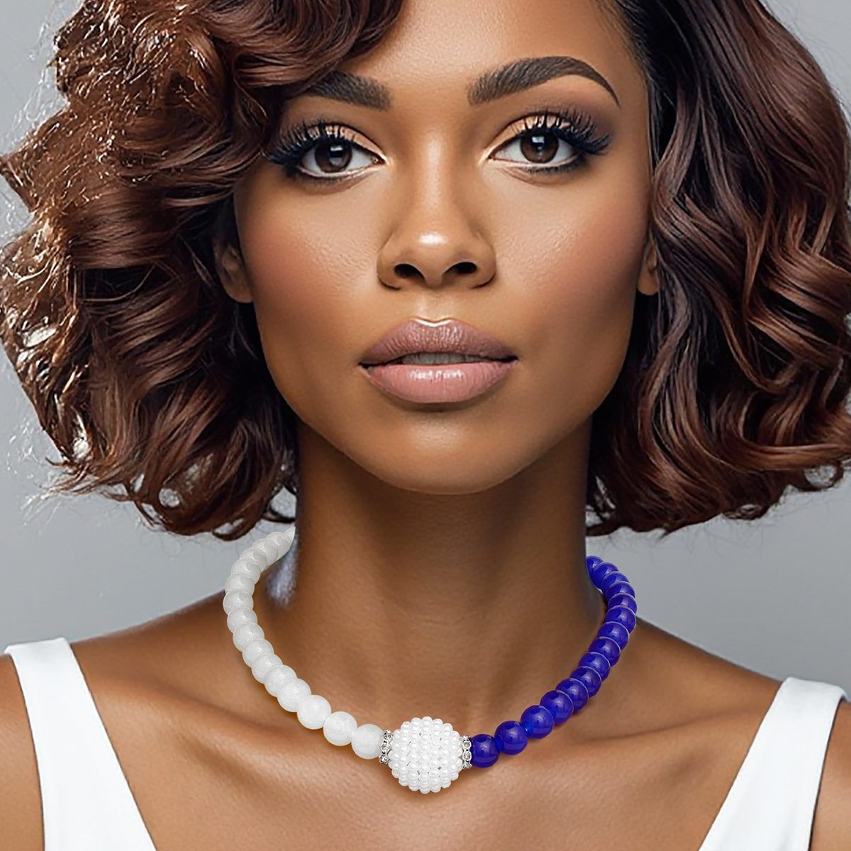 ZPB Sorority Blue White Pearl Glass Bead Necklace