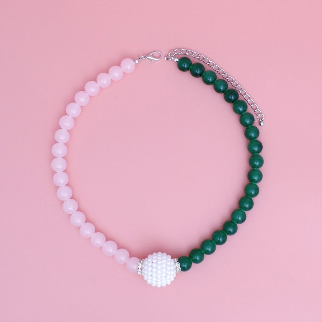 AKA Sorority Pink Green Pearl Glass Bead Necklace