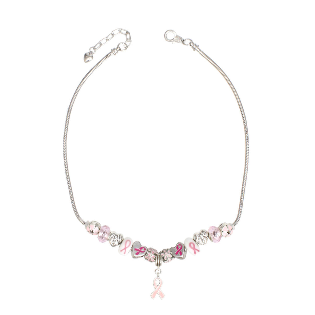 Breast Cancer Silver Hope Ribbon Charm Necklace