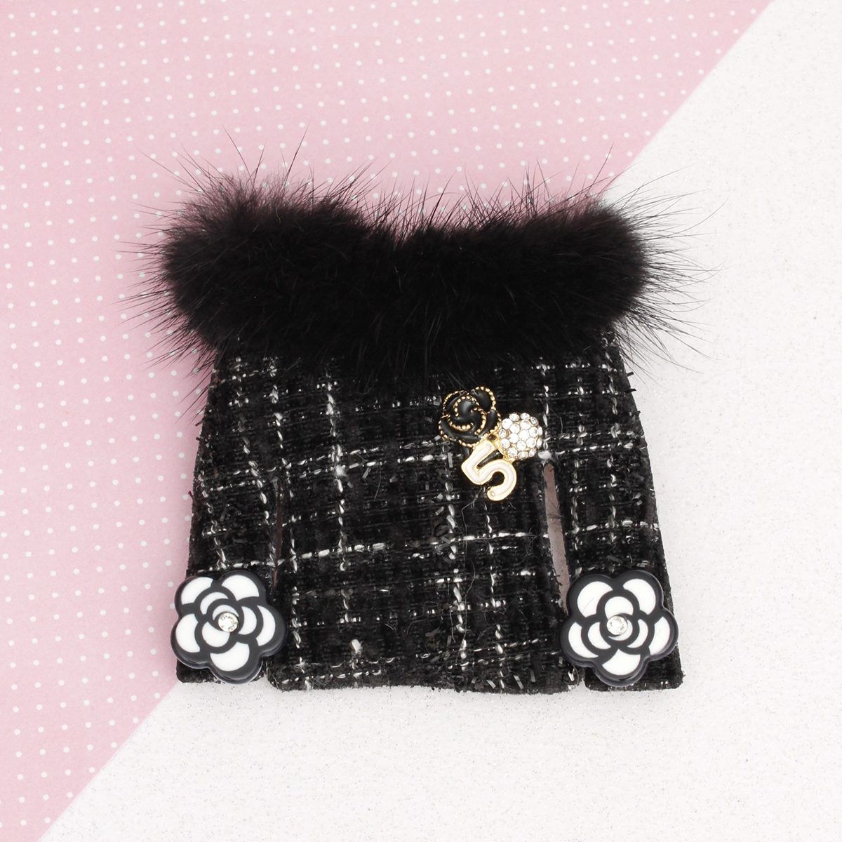 Brooch Black Tweed Fur Collar Sweater Camellia
