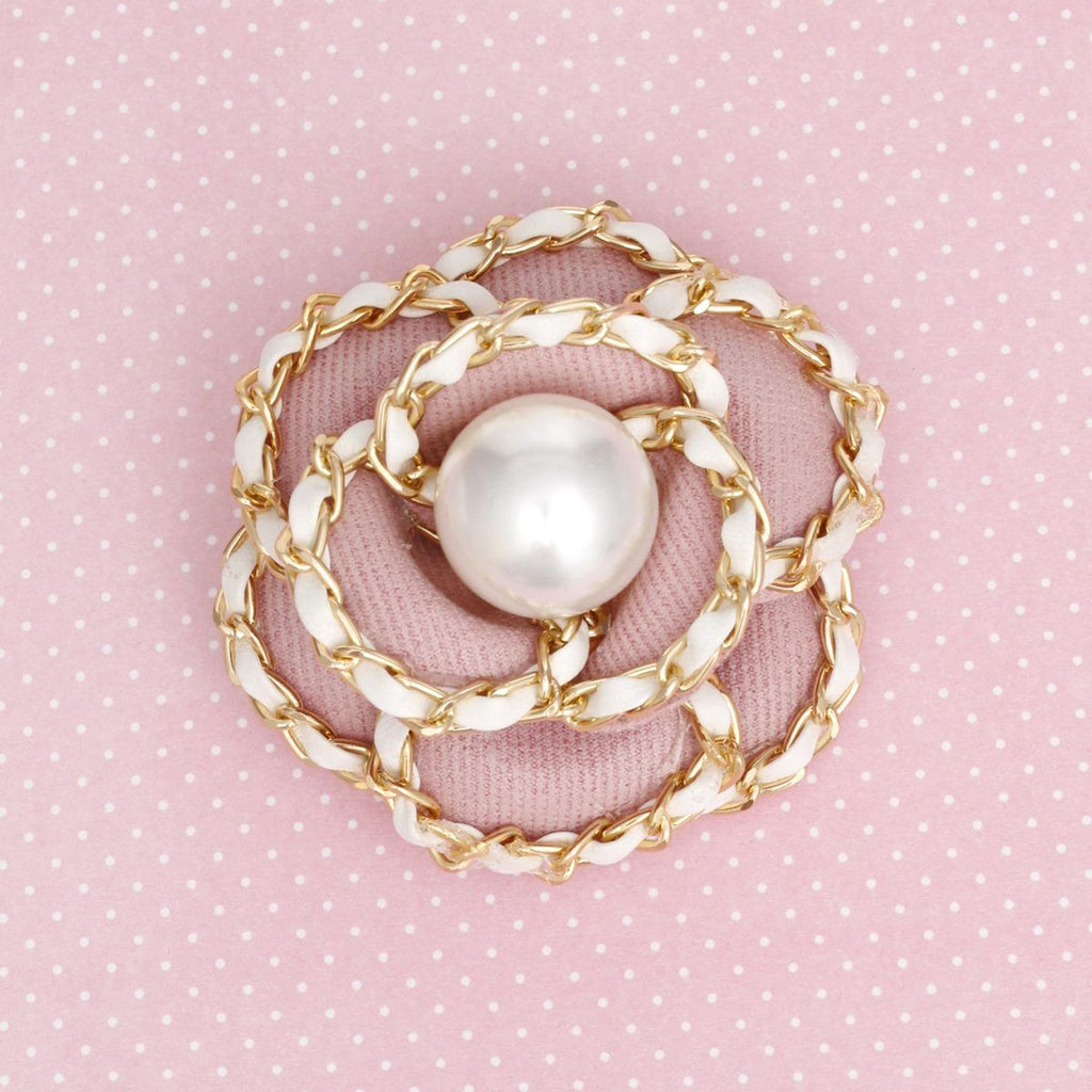 Brooch Clip Pink Pearl Chain Edge Camellia Flower