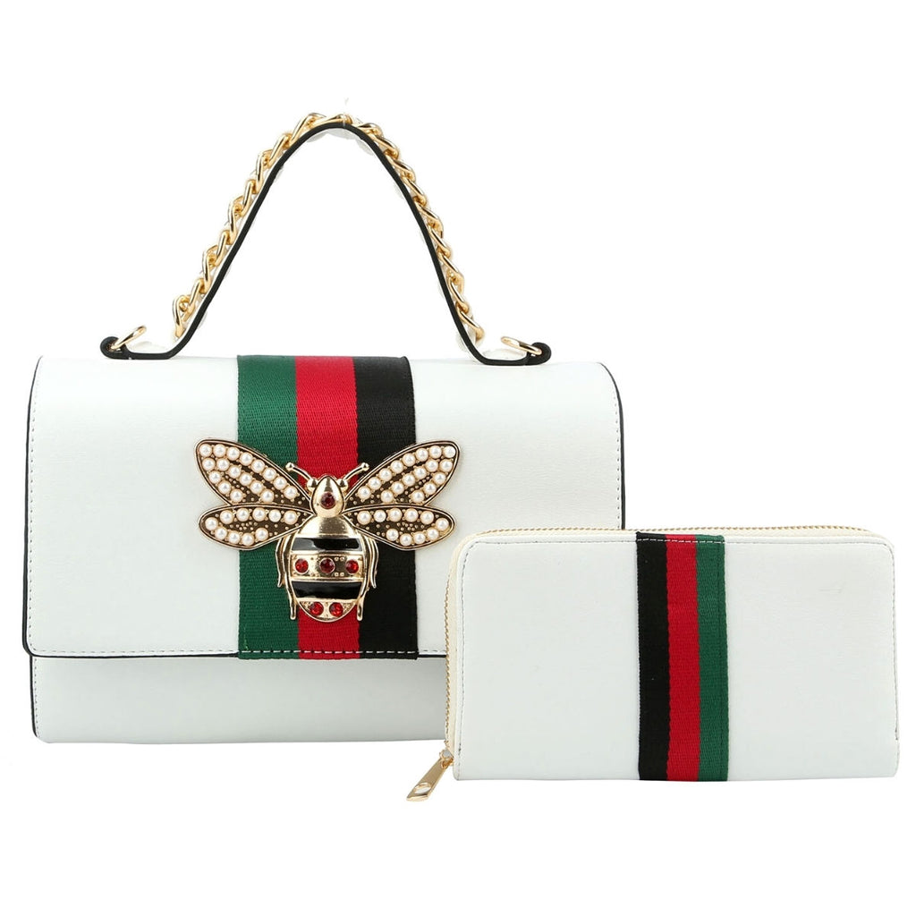 Satchel White Striped Bee Boxy Handbag
