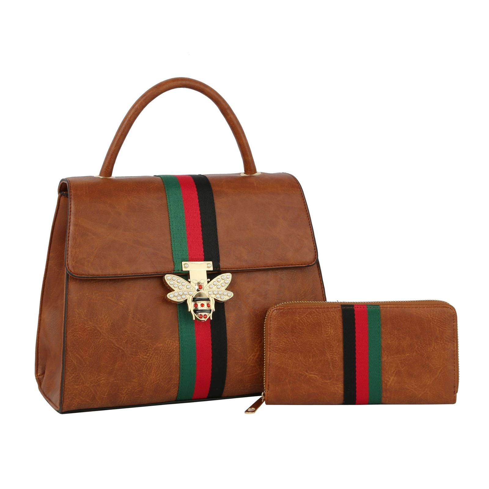 Satchel Soft Brown Bee and Stripe Handbag Set