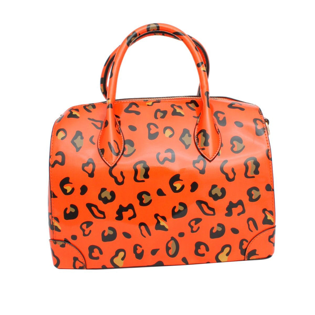 Domed Satchel Neon Orange Leopard Handbag Set