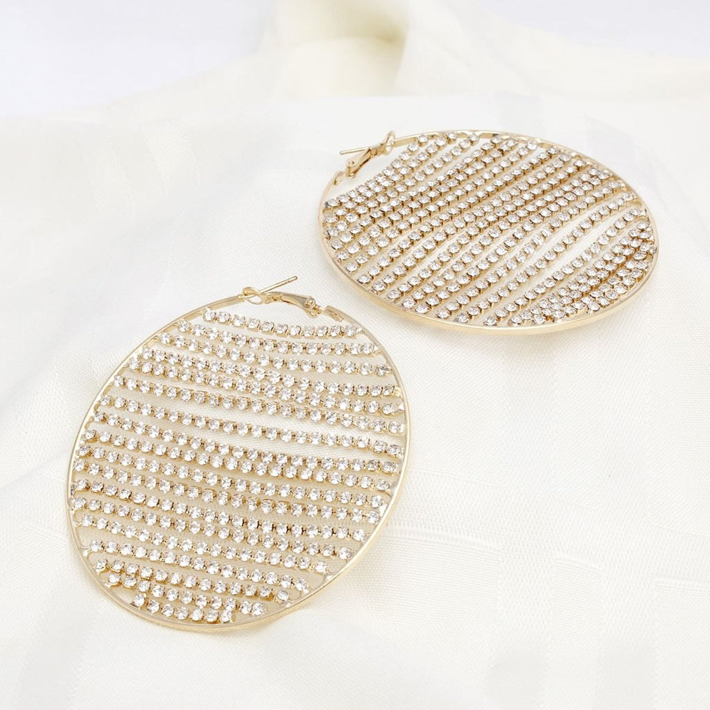 Hoop Linear Rhinestone Sparkle Gold Earrings
