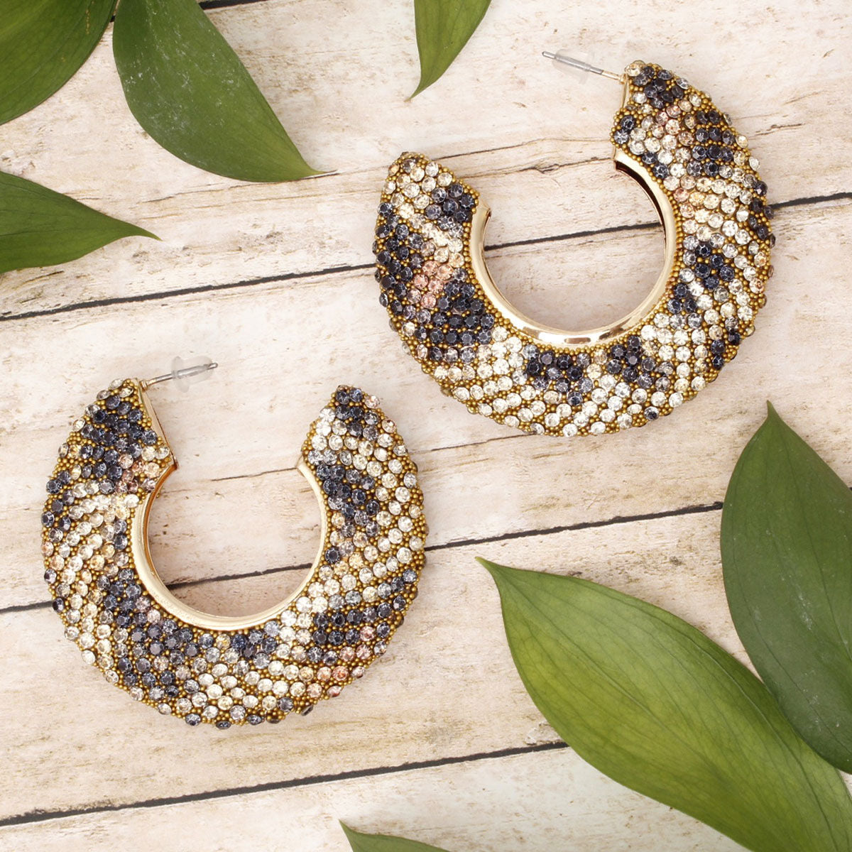 Hoop Leopard Pave Rhinestone Embellished Earrings